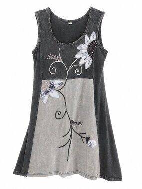 Leopards & Roses, Tank Dress, Boho Hippie Floral Embroidered, Grey, Size Medium